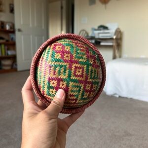 Vintage Bhutanese Hand Woven Colorful Bamboo Bangchung Covered Food Basket